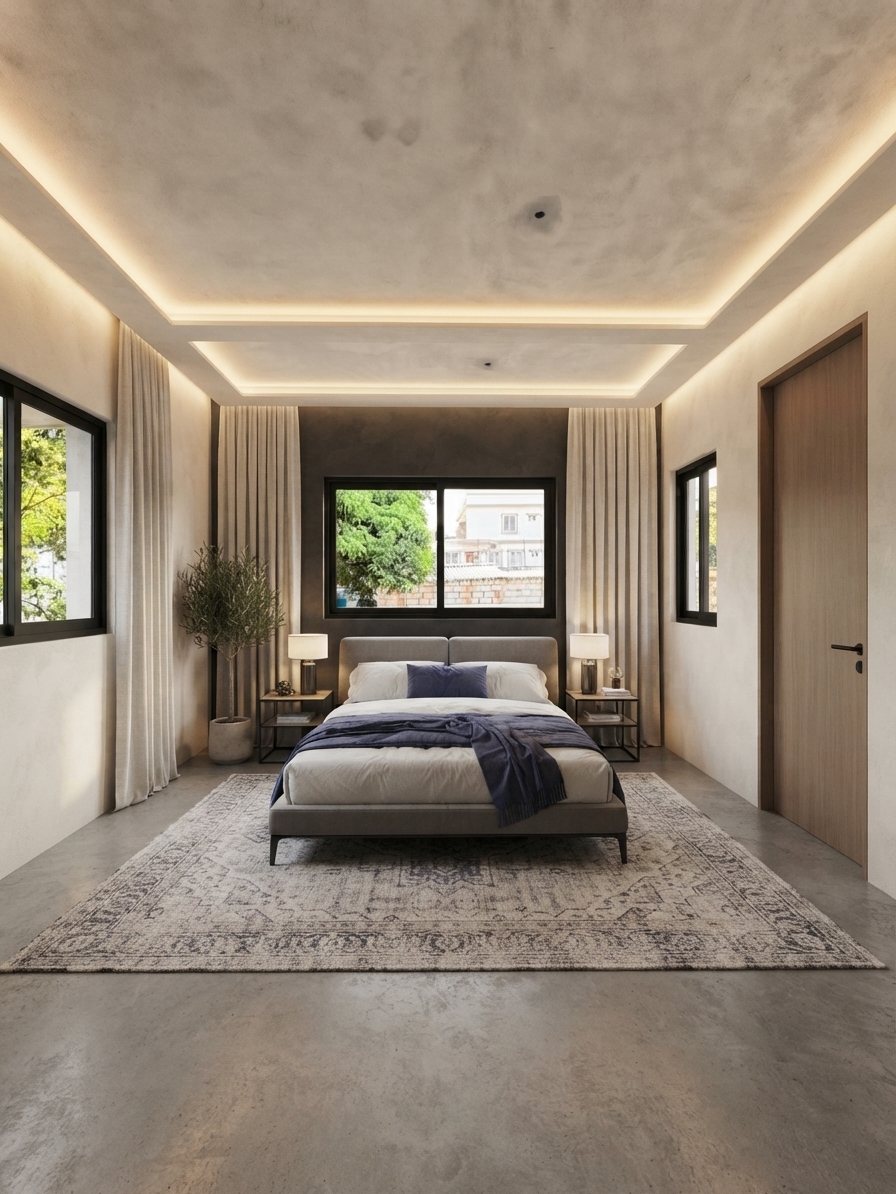 After — the finished bedroom with cove lighting, upholstered bed and rug