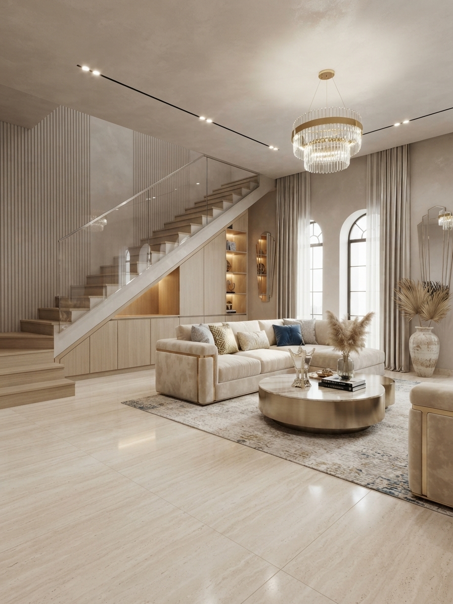 After — the finished living room with travertine floor, staircase and chandelier