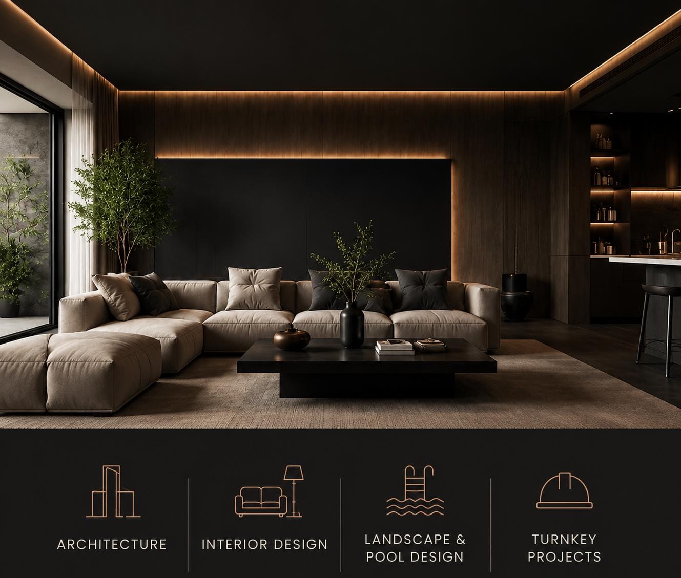 Aimaura living room interior — services: architecture, interior design, landscape & pool design, turnkey projects